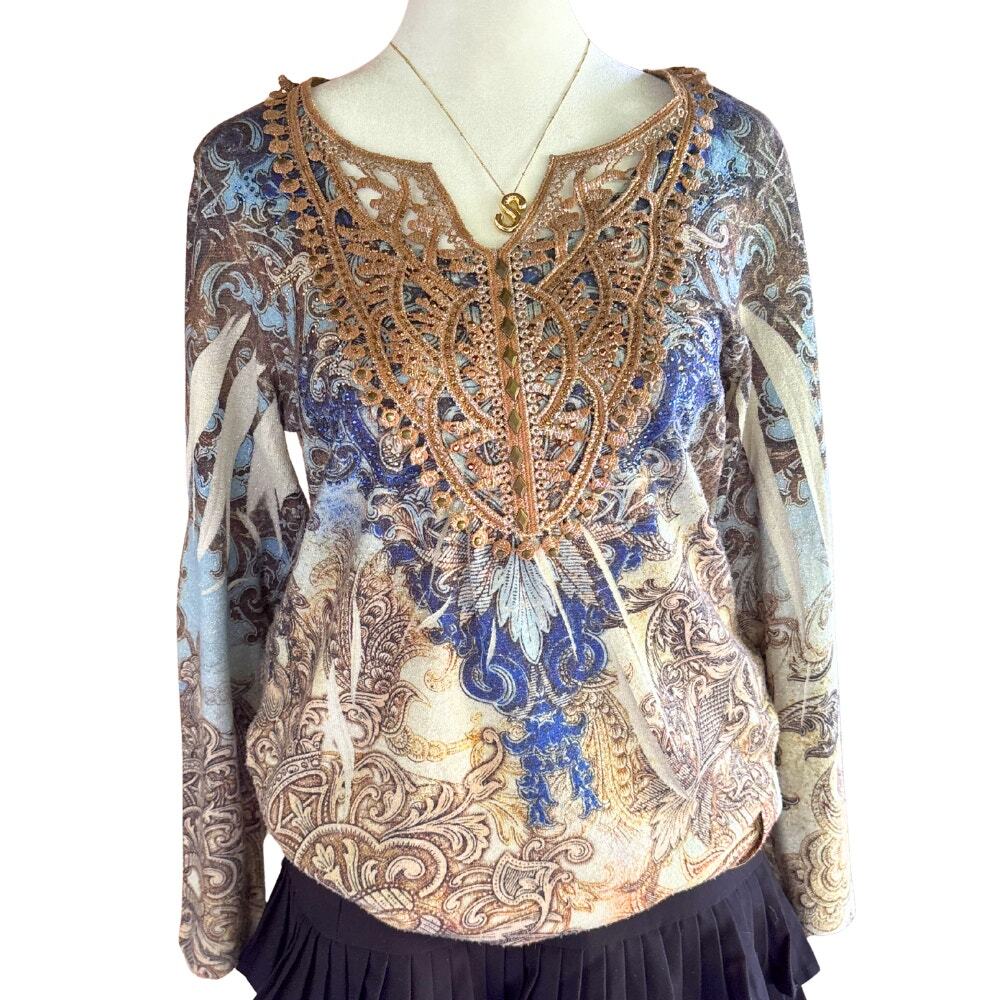 Dressbarn Baroque Damask Lace Appliqué Top Navy Bronze Petite Medium PM